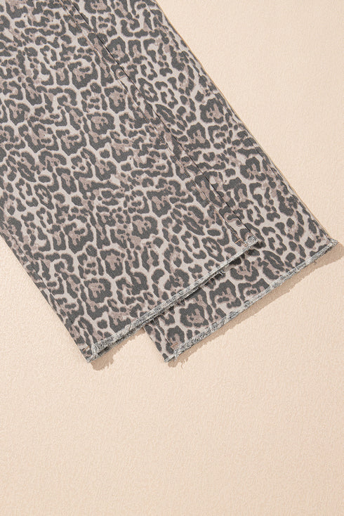 Western Flair Leopard Print High Waist Frayed Hem Wide Leg Jeans